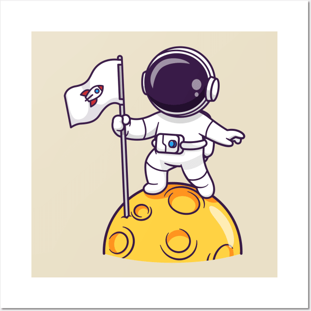 Cute Astronaut Holding Flag On Moon Cartoon Wall Art by Catalyst Labs